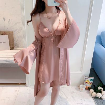 y Lace Sleepwear 2PCS Kimono Robe Set Summer New Lady Home Clothing Intimate Lingerie Casual Women Bathrobe Gown Nightgown