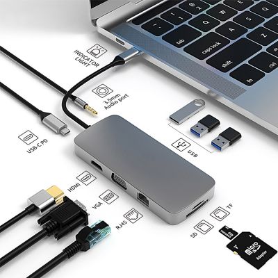 10ใน1 USB อะแดปเตอร์ชนิด C ฮับเพื่อ4K-HDMI RJ45 VGA 1080P SD/TF Card USB USB 3.0แท่นวางมือถือสำหรับพีซีแล็ปท็อปโทรศัพท์มือถือ Macbook Feona