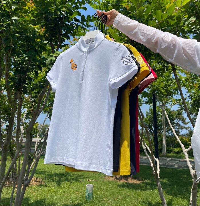 เสื้อยืดแขนสั้นพิเศษสำหรับผู้หญิงกางเกงเล่นกอล์ฟเกาหลี-เสื้อยืดแขนสั้นปกสูงครึ่งคอสำหรับฤดูใบไม้ผลิและฤดูร้อน