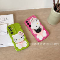 Phone Case เคส Samsung Galaxy M14 5G เคสลายคลื่นของเเข็งสีใหญ่แบบเรียบง่ายกรอบนิ่มพร้อมด้วย Hellokitty กระจกแต่งหน้า