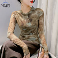 YIMEI เสื้อตาข่ายแขนยาวพิมพ์ลายย้อนยุคเสื้อกันแดดคอกลมสำหรับผู้หญิง2023แฟชั่นใหม่เสื้อยืดผู้ชายแขนสั้นคอกลมฤดูใบไม้ผลิและฤดูใบไม้ร่วง