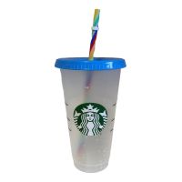 Starbucks หลอดสีรุ้งแก้วแบบมีหลอดมีฝาปิดถ้วย Confetti ถ้วยเครื่องดื่มที่ทนทาน