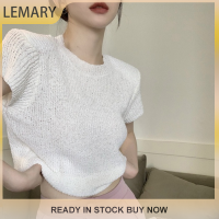 Lemary เสื้อครอปคอกลมเสื้อยืดถักแขนสั้นย้อนยุคสำหรับผู้หญิงสีทึบ2023แฟชั่นหน้าร้อน