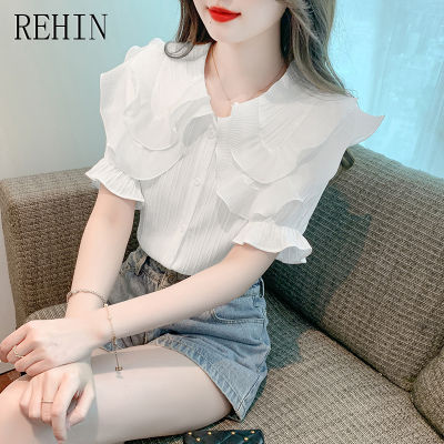 REHIN เสื้อเวอร์ชันเกาหลีฤดูร้อนสำหรับผู้หญิงคอตุ๊กตาผ้าชีฟองแขนสั้น