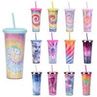 【YP】 European and cross-border new tie-dye straw cup 24oz double-layer plastic water can be customized logo creative paper card