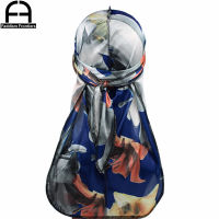 Uni Men Floral Silk Durag Stretchy Bandanas for Men Turban Hat Headwear Long Straps Headband Waves Silky Durags