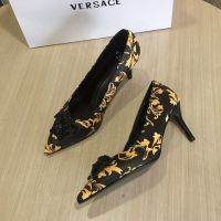 CODHaley Childe 【Top quality】Versace High Heel Black Print Elastic Fabric Pointed Stiletto 7cm Fashion Genuine Leather Banquet Daily Sexy Womens Shoes