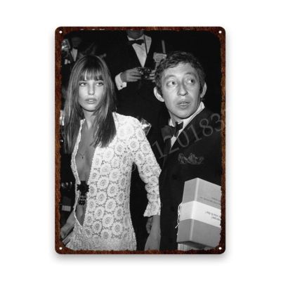 จานโลหะป้ายดีบุกศิลปะบนผนังสีดำและสีขาวสไตล์วินเทจตกแต่งห้อง20X30 30x40cm Jane Birkin โปสเตอร์เมทัลมีคราบ Serge Gainsbours