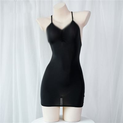 [Cos imitation] ชุดนอนสลิงสีดำเซ็กซี่1ชิ้น Homewear ฤดูร้อนชุดนอนบางคอสเพลย์เครื่องแต่งกาย Prop หญิงสาวคริสต์มาส Gift