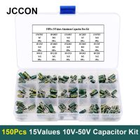 ชุดตัวเก็บประจุแบบอิเล็กโทรไลติกอลูมิเนียม Jccon 150ชิ้น/กล่อง15ค่า10-50V ชุดตัวเก็บประจุหลากหลายชุดซ่อม Esr ต่ำความถี่สูง Diy