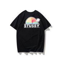 เสื้อยืดแขนสั้นพิมพ์ลายต้นมะพร้าว Stussy Sunset สำหรับผู้ชายและผู้หญิงคู่รักเสื้อผ้าหน้าร้อนแบรนด์ Stussy ผ้าฝ้ายครึ่งแขน