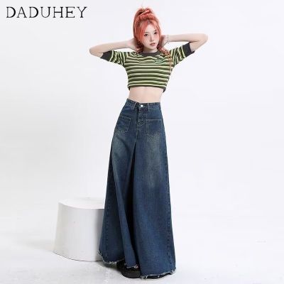 [ส่งของ]DaDuHey New Korean Version of Ins Raw Edge Loose Jeans High Waist Niche Wide Leg Pants Large Size Trousers