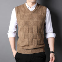 2021 Autumn New Mens Khaki V-Neck Knitted Vest Business Casual Classic Style Thick Sleeveless Sweater Vest Male Brand Clothing