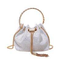 White 16x14x8cm New Women Trendy Colorful Diamante Chain Tassels Cross Body Shoulder Bucket Bag Lady Totes Round Handle Handbag Messenger Bag