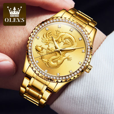 OLEVS นาฬิกาข้อมือมังกรสำหรับผู้ชาย,นาฬิกาควอตซ์แฟชั่นเรืองแสงทำจากสเตนเลสสตีลกันน้ำรุ่นดั้งเดิม