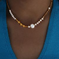 18K Gold ColorBead 100% Natural Freshwater Pearl Chain Holding Peach Beads Choker Necklace