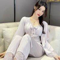 Ao Dai Court Wind Lace Nightgown ผู้หญิง 2023 ฤดูใบไม้ผลิและฤดูใบไม้ร่วงใหม่ Ice Silk Thin กับแผ่นหน้าอกชุดแขนยาวสีทึบ Homewear