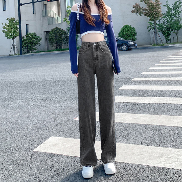 กางเกงยีนส์ทรงตรงเอวสูงผู้หญิง-สไตล์เกาหลี-กางเกงขากว้าง