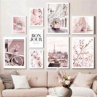 Sumanssa New Parisian Fashion Wall Art: Pink Floral Canvas Prints Featuring Tower, Tram, Bike, Heels &amp; Perfume For Living Room Decor