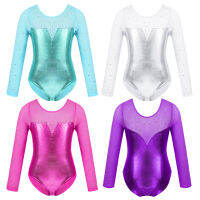 Gymnastics Leotard Girls One-Piece Sparkle dance costume Kids Tulle Long Sleeve Sparkly Rhinestone Metallic Ballet Dance leotard