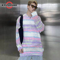 KYUSHUAD สเวตเตอร์แบบสวมหัวของในฤดูใบไม้ร่วงผู้ชายเสื้อสเวตเตอร์ทรงหลวมพรีเมี่ยมสีรุ้งใหม่ ลำลอง