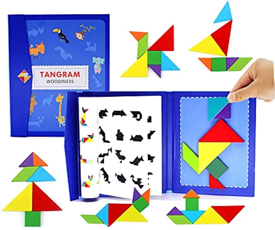 Wooden Travel Tangram Puzzle for Kids, Magnetic Pattern Block Book