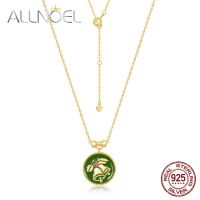 ALLNOEL Christmas Bell Necklace for Women 925 Sterling Silver Green Enamel Red Corundum Necklace Real Gold Plated 45 Cm Long