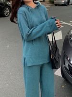 【DT】hot！ Fashion Knitted Sweater Pant Suits Hooded Loose Wide Leg Trousers Pieces Set Female