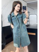 Spot parcel post Denim Short-Sleeved Dress for Women Spring and Summer New Hong Kong Style R Loose Youthful-Looking Mid-Length Western Style Straight Dress