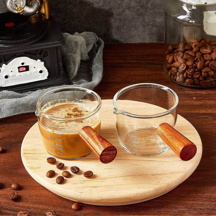 Espresso Shot Glass Measuring Cup with Wooden Handle Double Mouths Milk Cup Coffee Shots Lazada PH