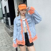 QING MO Women Lace Splicing Blue Denim Coat Loose Solid Color Reduction Long Sleeves Lapel Short Coat 2022 LHX1342A