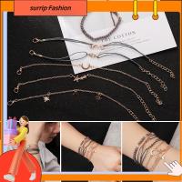 SURRIP FASHION 6ชิ้น/เซ็ตย้อนยุคเครื่องประดับผู้หญิงชุดข้อมือหินลูกปัดคริสตัลสร้อยคริสตัลน่ารักกำไลข้อมือแบบปรับได้กลวงรูปดวงจันทร์ดาว