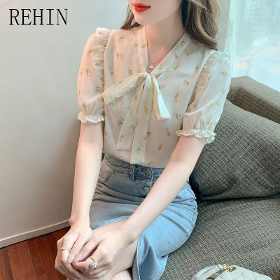REHIN เสื้อคอวีสไตล์เกาหลีแบบใหม่ผู้หญิง,เสื้อเสื้อผู้หญิงแขนสั้นผ้าชีฟองผู้หญิงติดโบว์หวานๆแฟชั่นฤดูร้อน