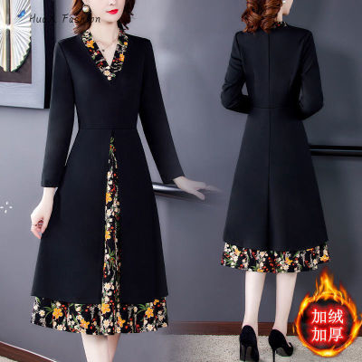 HuaX Women V Neck Slim Fit Dress Fashion Clothing Floral Printing Long Sleeves Midi Skirt Winter Fleece Lined Thickened Dress