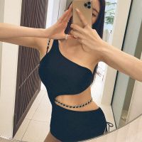 Sexy Gold Chain One Piece Bikini Black One Shoulder Hollow Out Pleated Swimsuit Women High Waist Open Back Beach Swimwear Trend