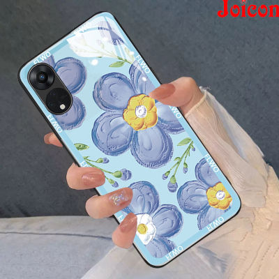 เคส Reno8T OPPO 5G ใหม่หรูหราหรูหรา,กระจกเทมเปอร์ลูกบอลลายดอกไม้สีน้ำเงินม่วงเรียบหรูเคสโทรศัพท์ทำจากเลนส์กันรอยขอบตรงป้องกันกล้องกรอบกันกระแทก