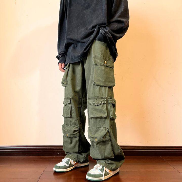 กางเกงลำลองมีกระเป๋าหลายช่องของผู้ชาย-กางเกงขาหลวมฮิปฮอปย้อนยุคสไตล์ฮาราจูกุกางเกงเอวสูงทรงตรง