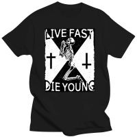 Live Fast Die Youngเสื้อยืดบุรุษS-3Xl Skull Skeleton Cross Goth Rock Punk Streetwearเสื้อTeeตลก