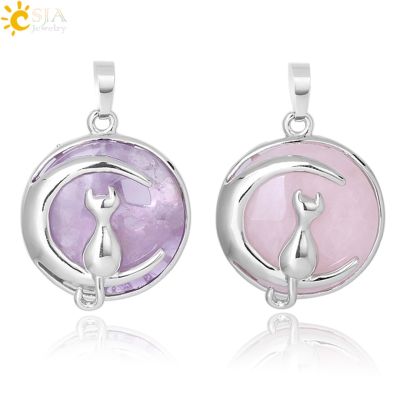 CSJA New Fashion Cat Moon Pendant for Necklace Round Natural Stone Cute Kitten Lucky Jewelry Fit Women Girl Necklaces F334