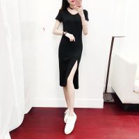 [COD]Ready Stock Quick Shipment New Style Modal Short-Sleeved Dress Women S Summer Mid-Length Slimmer Look V-Neck Over-The-Knee A-Line Skirt Split 150