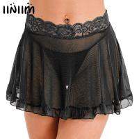 Womens Lace Waistband See-through Mesh Frilly Skirt Cover Ups Beachwear Solid Color High Waist Miniskirt with G-string