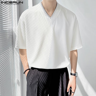 INCERUN เสื้อแขนสั้นผู้ชายคอวีทรงหลวมเสื้อใส่เดินชายหาดแบบลำลองเสื้อยืดวันหยุดเสื้อตัวบน (สไตล์เกาหลี)