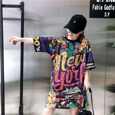 Women Round Collar Summer Graffiti Harajuku Style Loose Short Sleeve T-Shirt tops Blouse