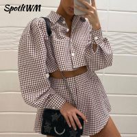 SpotLtWM Pink Y2K Casual Plaid Lounge Wear Women Tracksuit Shorts Set Long Puff Sleeve Shirt Tops And Mini Shorts Two Piece Set