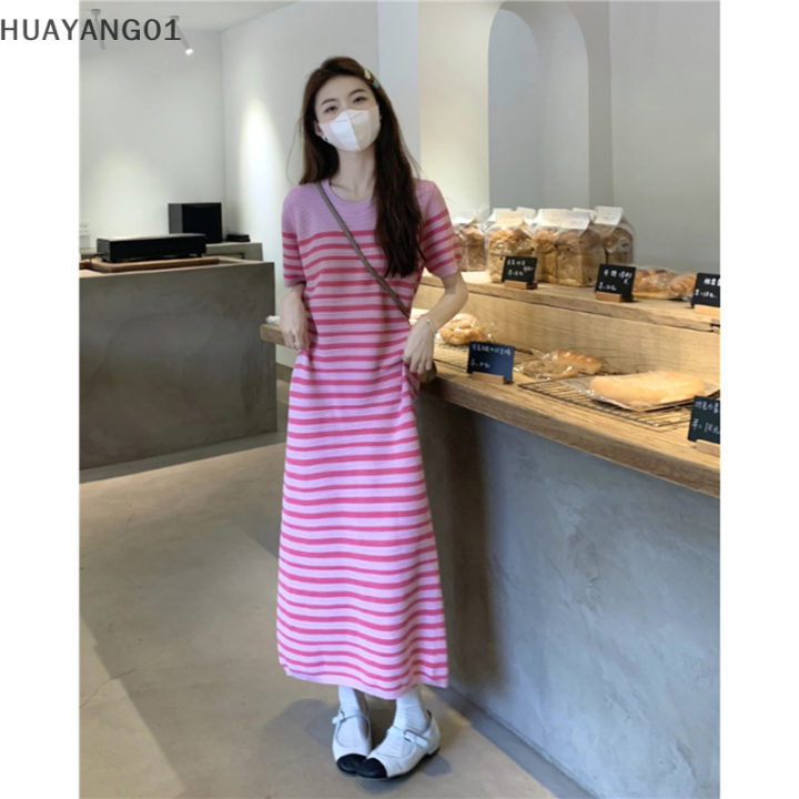 huayang01-2023-new-hot-fashion-lazlook-เดรสถักลายทางลำลองสไตล์เกาหลีสำหรับผู้หญิงเดรสมิดิแขนสั้นฤดูร้อน