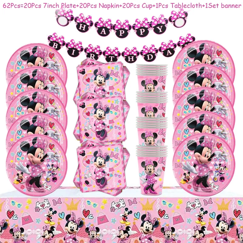 Minnie Mouse theme party birthday decoration banner plates cover cups