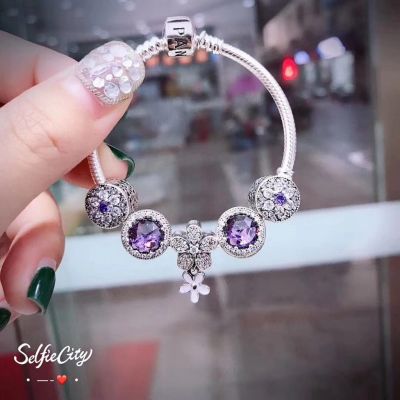 วันเกิด Pandora_Bracelet สร้อยข้อมือแฟชั่นนวนิยายสีม่วงสีขาว Charm สุภาพสตรีสร้อยข้อมือเงิน925