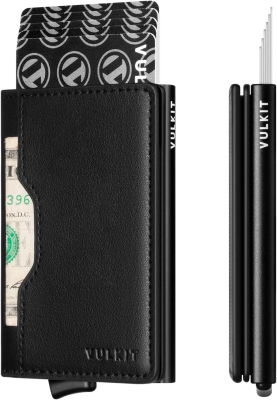 VULKIT Pop up Wallet Credit Card Holder with Leather Slots RFID Blocking Metlal Bank Card Case for Men or Women(Black)