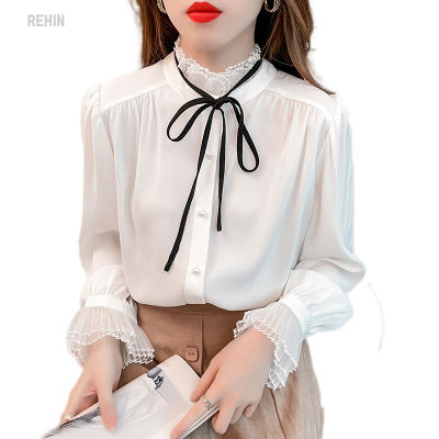 REHIN เสื้อลูกไม้แขนยาวคอปกลูกไม้สีขาว,เสื้อผู้หญิงออกแบบเฉพาะเสื้อสีขาวฤดูใบไม้ร่วงใหม่
