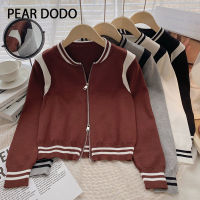 PEAR DODO ฉบับภาษาเกาหลีแขนสั้นคอกลม Jaket Baseball เสื้อคาร์ดิแกนแขนยาวสำหรับผู้หญิง